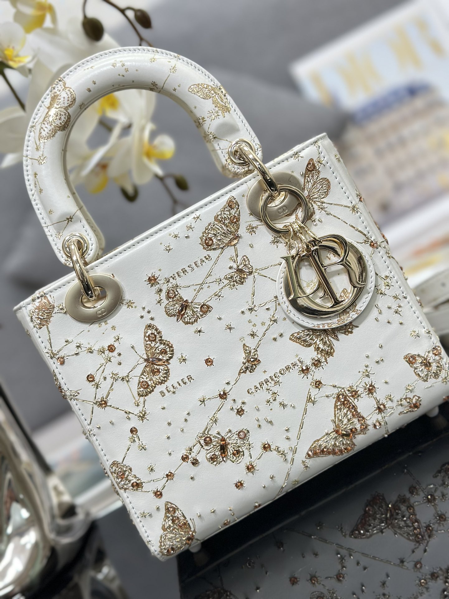 Small Lady Dior Bag White Calfskin with Butterfly String Beads